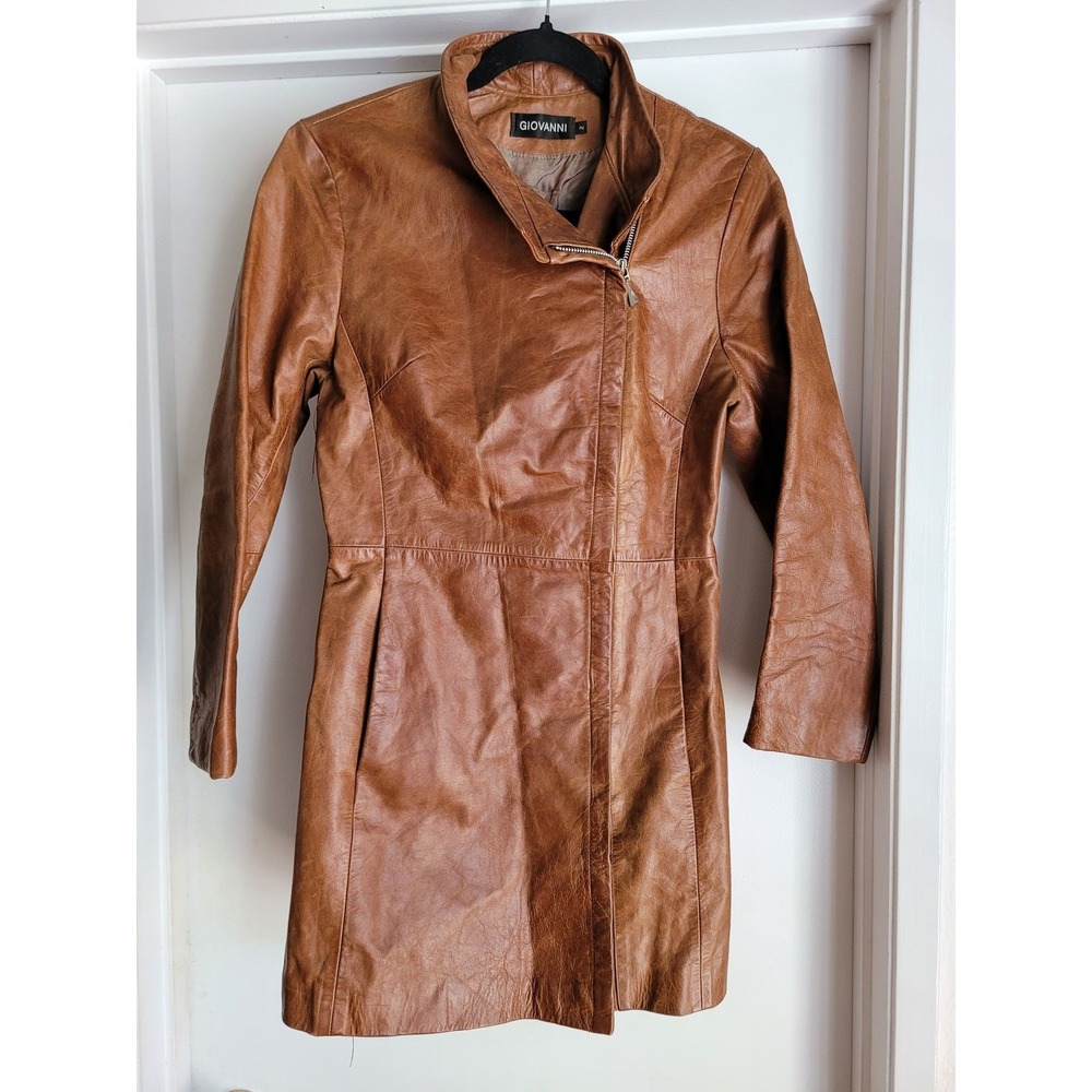 Giovanni‎ Tan Brown Leather Asymmetric Zip Moto Jacket - Size 2 (Small)